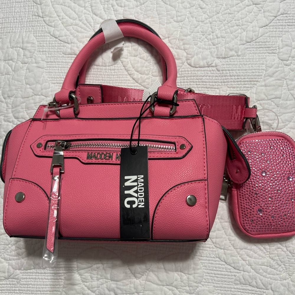 Madden NYC Women's Mini Zipper Satchel with Embellished Pouch Hot Pink NWT